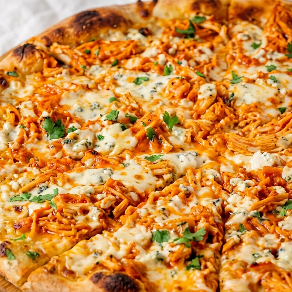 Buffalo chicken pizza with melted mozzarella, blue cheese crumbles, and fresh parsley on a wooden board.