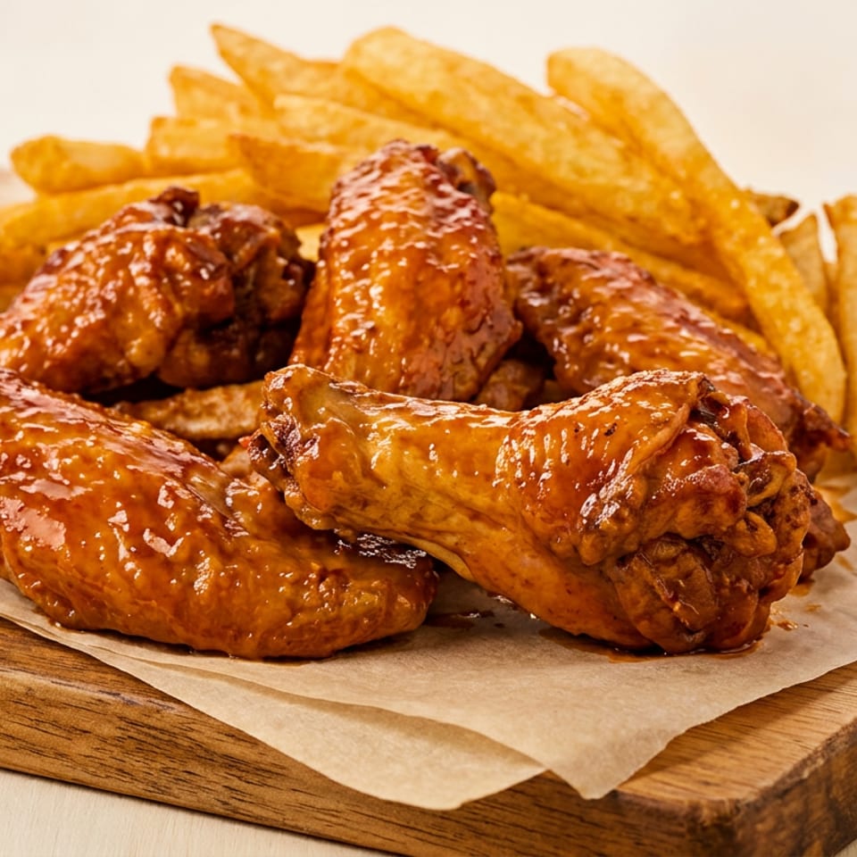 Glazed chicken wings, golden french fries, and a side of ranch dressing on a wooden board.