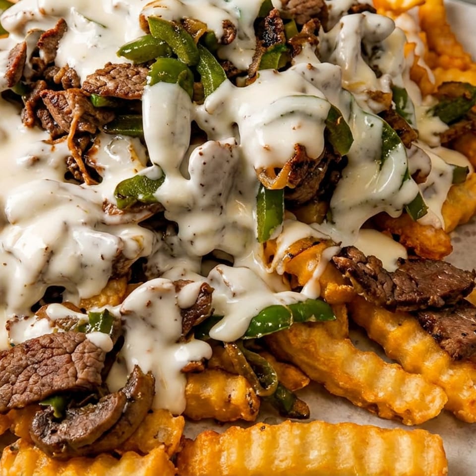 Crinkle-cut fries topped with steak, green peppers, mushrooms, and creamy white sauce on a white paper-lined tray.
