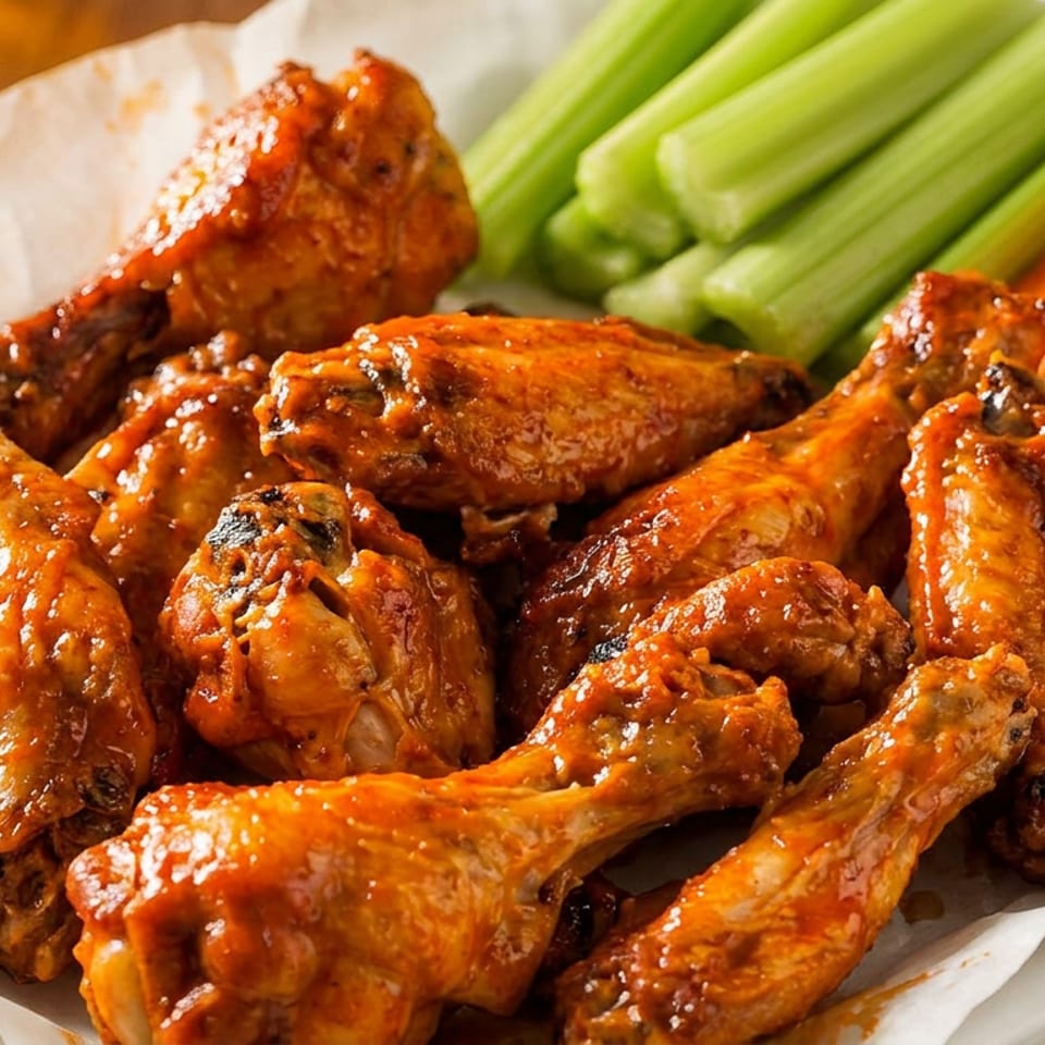 Spicy buffalo chicken wings with celery and carrot sticks on a white platter.