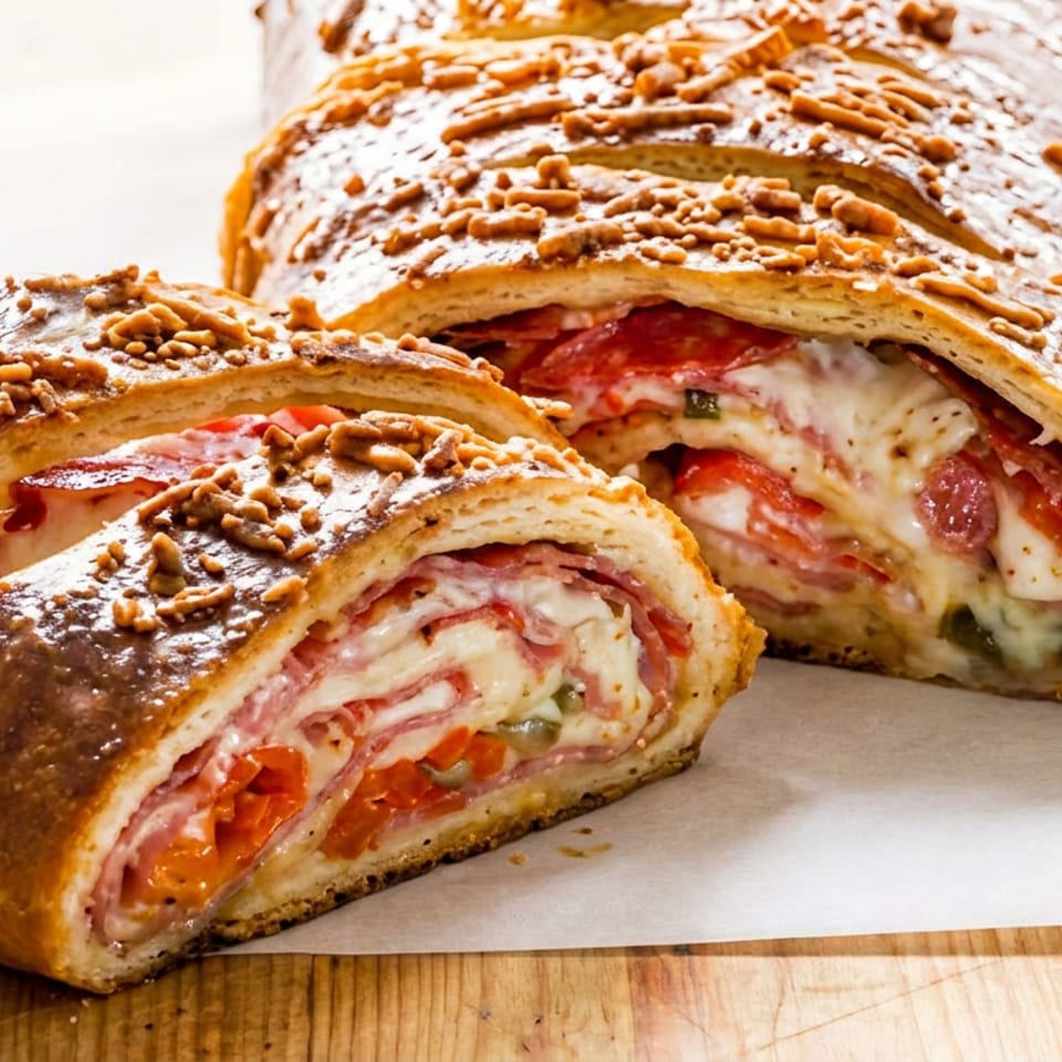 A golden-brown stromboli, sliced to reveal layers of melted cheese, pepperoni, and ham.