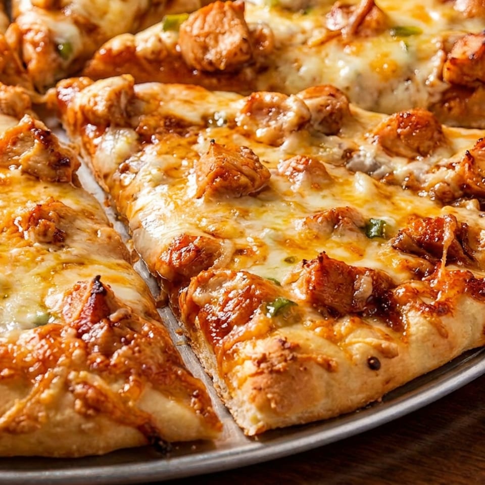 Close-up of a freshly baked BBQ chicken pizza with melted cheese and green peppers.